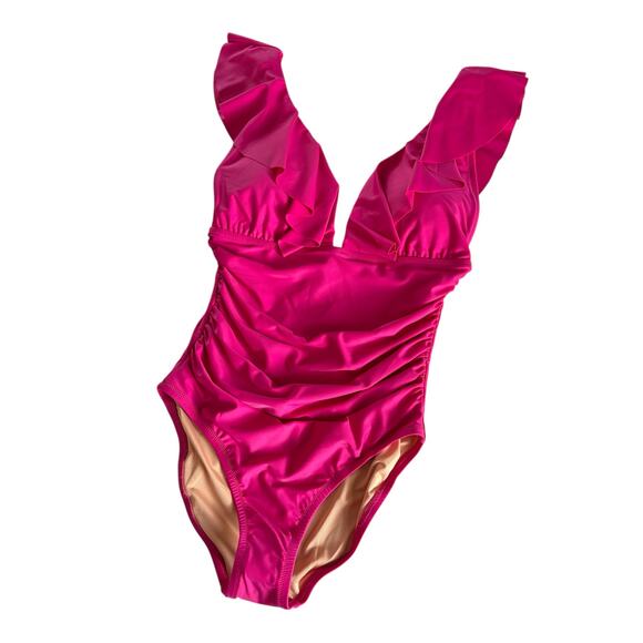 J.Crew Radiant Fuchsia Pink Ruched Ruffle One Piece Swimsuit Women’s Size 8 NWT - Picture 1 of 9